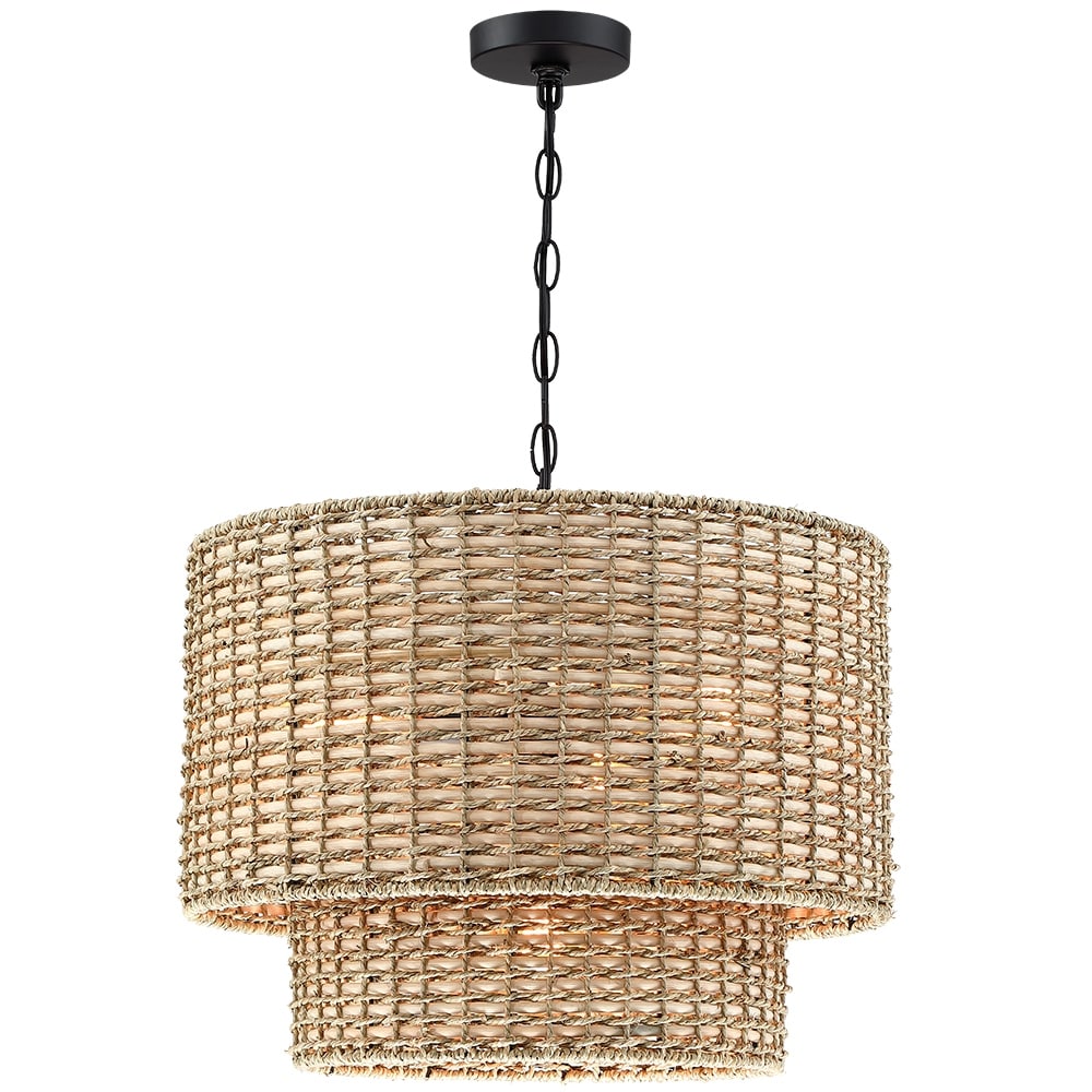 Luminaire à suspension à plusieurs niveaux en rotin Lennie, 4 lumières, 50 cm (20 po), avec abat-jour noir - 50 cm (20 po) L - 50 cm (20 po) L
