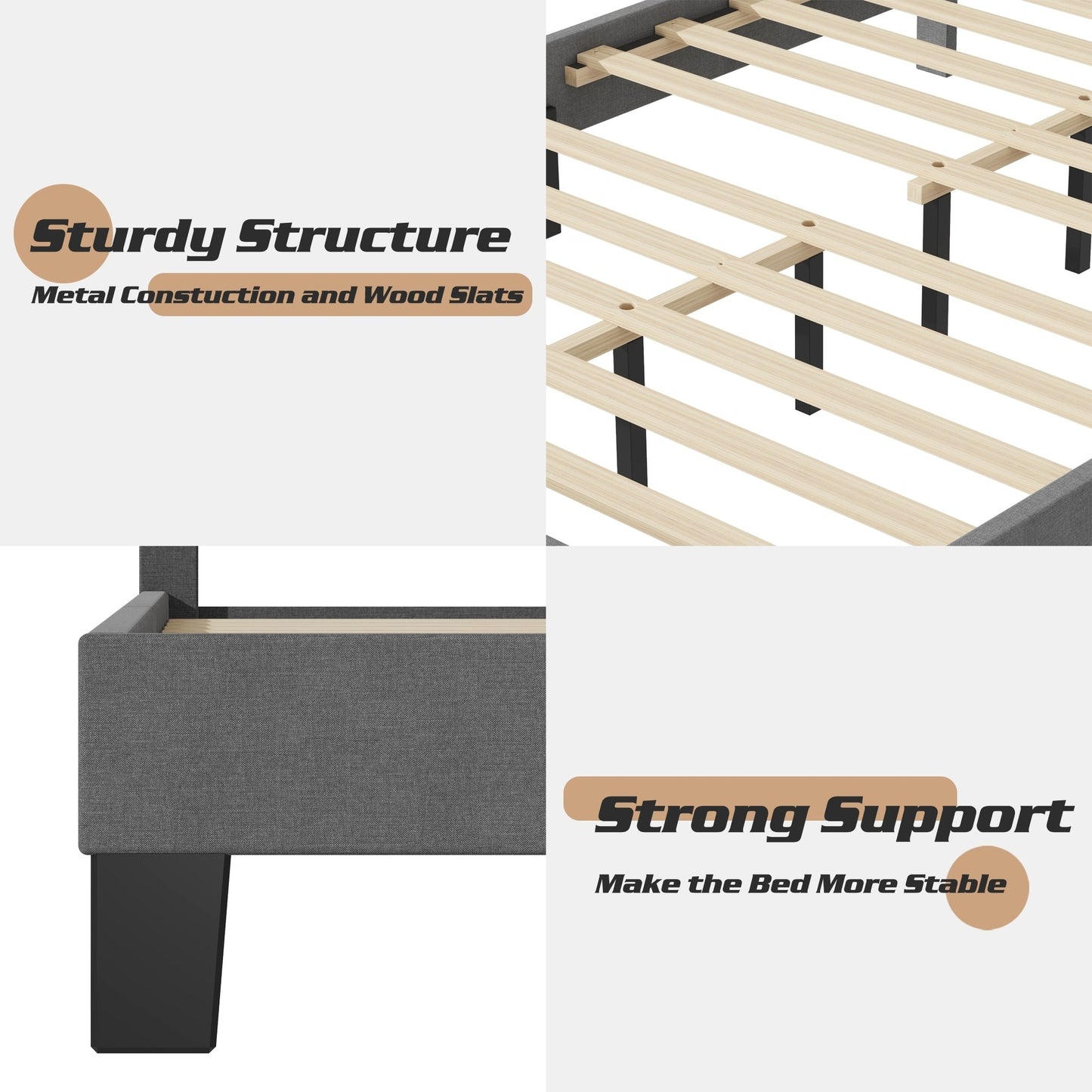 Lifezone Lit-plateforme à hauteur réglable, taille Queen, avec revêtement en tissu