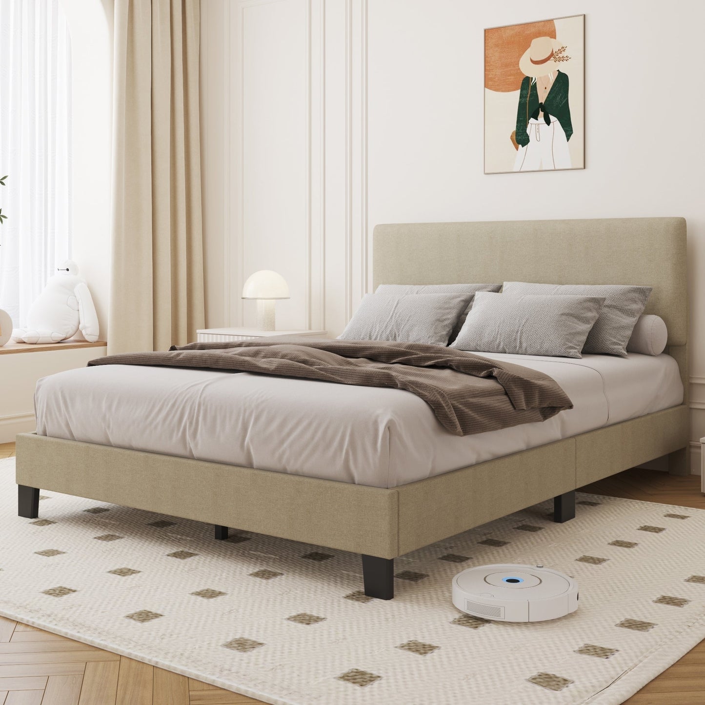 Lifezone Lit-plateforme à hauteur réglable, taille Queen, avec revêtement en tissu