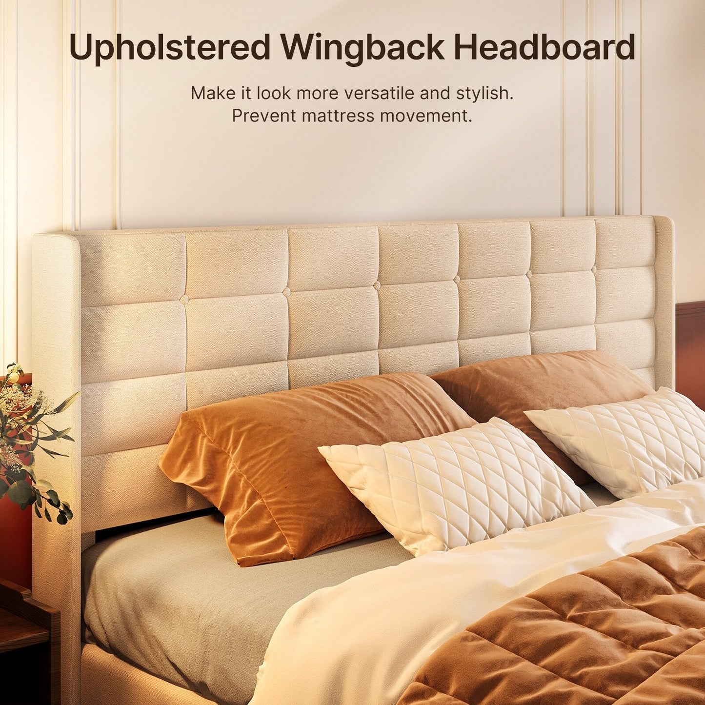 Cadre de lit coffre relevable, cadre de lit plateforme recouvert de tissu avec système de rangement hydraulique et tête de lit.