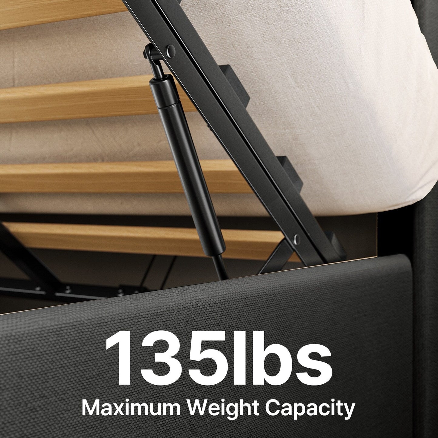 Cadre de lit coffre relevable, cadre de lit plateforme recouvert de tissu avec système de rangement hydraulique et tête de lit.