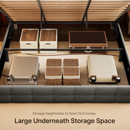 Cadre de lit coffre relevable, cadre de lit plateforme recouvert de tissu avec système de rangement hydraulique et tête de lit.