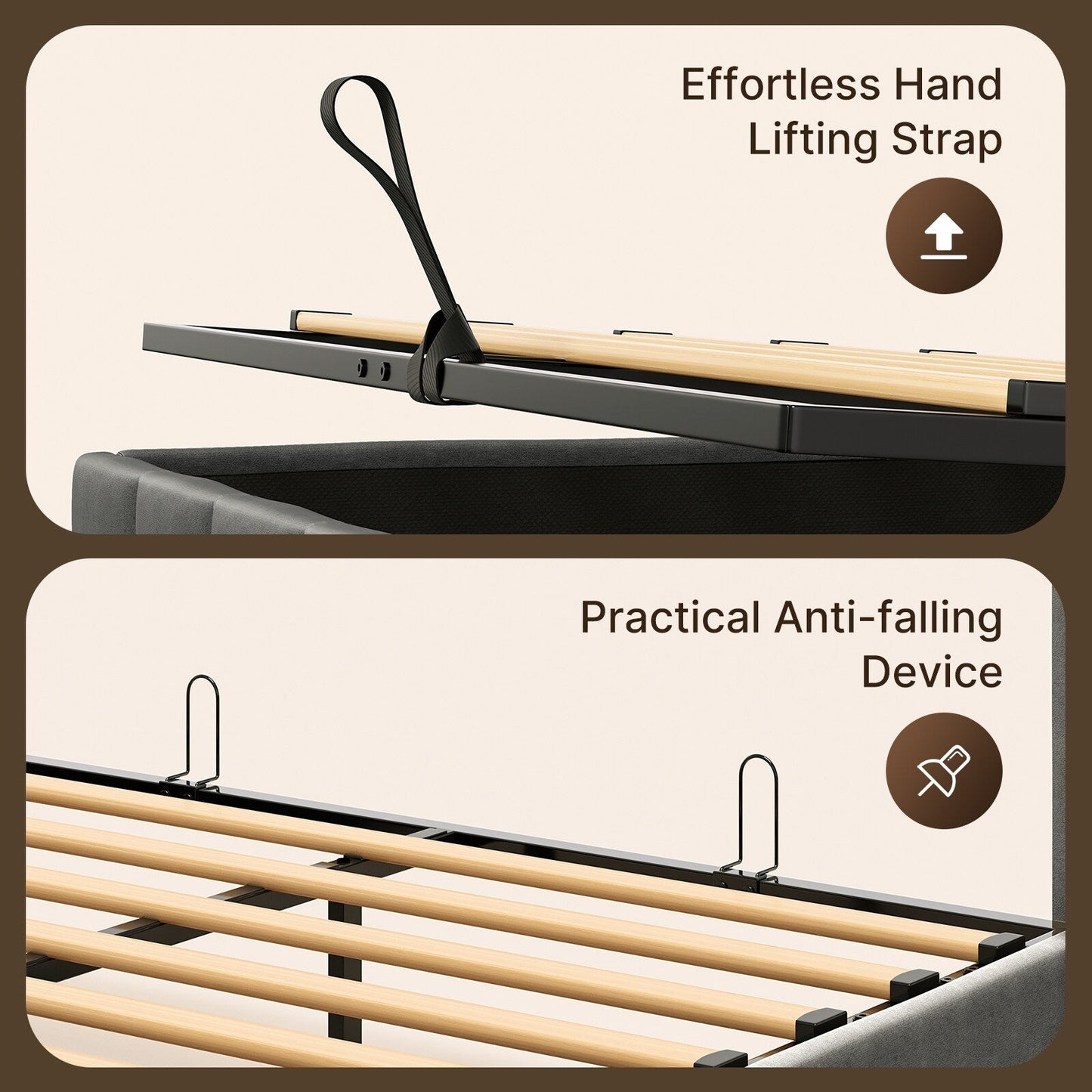 Cadre de lit coffre relevable, cadre de lit plateforme recouvert de tissu avec système de rangement hydraulique et tête de lit.
