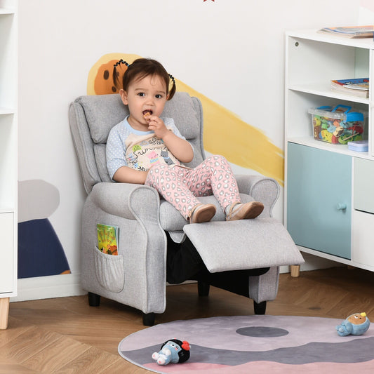 Fauteuil inclinable manuel pour enfants, recouvert de tissu, gris clair, avec repose-pieds et 2 poches latérales, pour enfants de 3 à 5 ans.