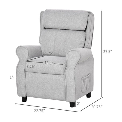 Fauteuil inclinable manuel pour enfants, recouvert de tissu, gris clair, avec repose-pieds et 2 poches latérales, pour enfants de 3 à 5 ans.