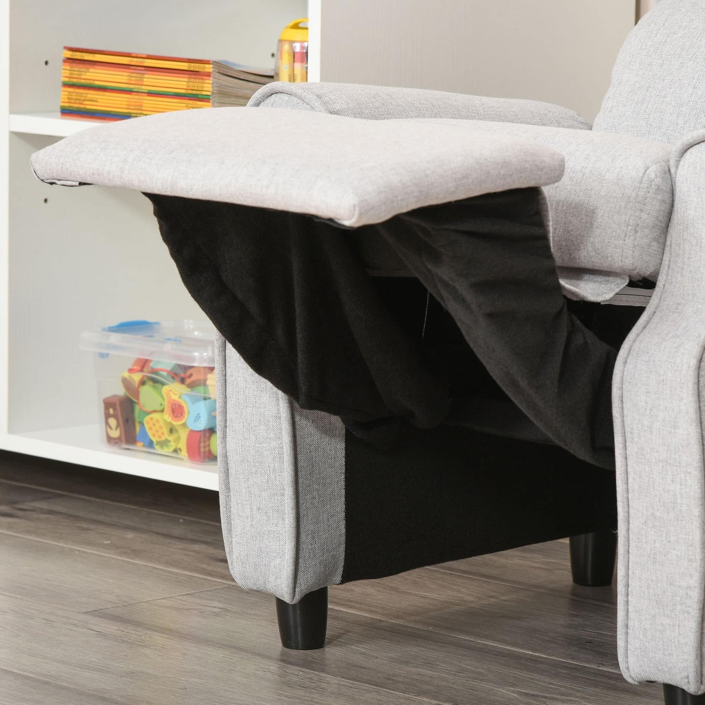 Fauteuil inclinable manuel pour enfants, recouvert de tissu, gris clair, avec repose-pieds et 2 poches latérales, pour enfants de 3 à 5 ans.