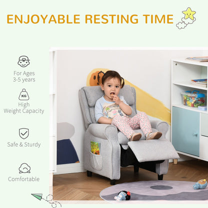 Fauteuil inclinable manuel pour enfants, recouvert de tissu, gris clair, avec repose-pieds et 2 poches latérales, pour enfants de 3 à 5 ans.