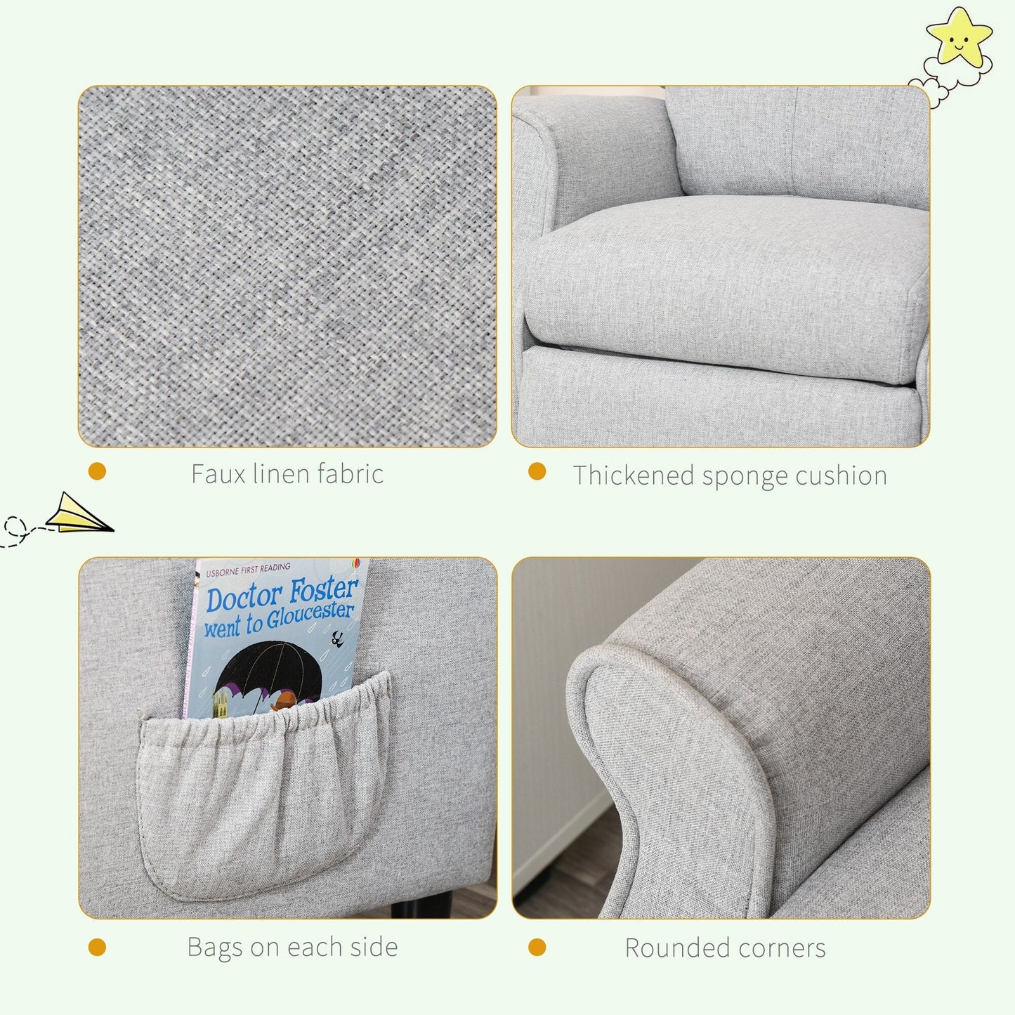 Fauteuil inclinable manuel pour enfants, recouvert de tissu, gris clair, avec repose-pieds et 2 poches latérales, pour enfants de 3 à 5 ans.