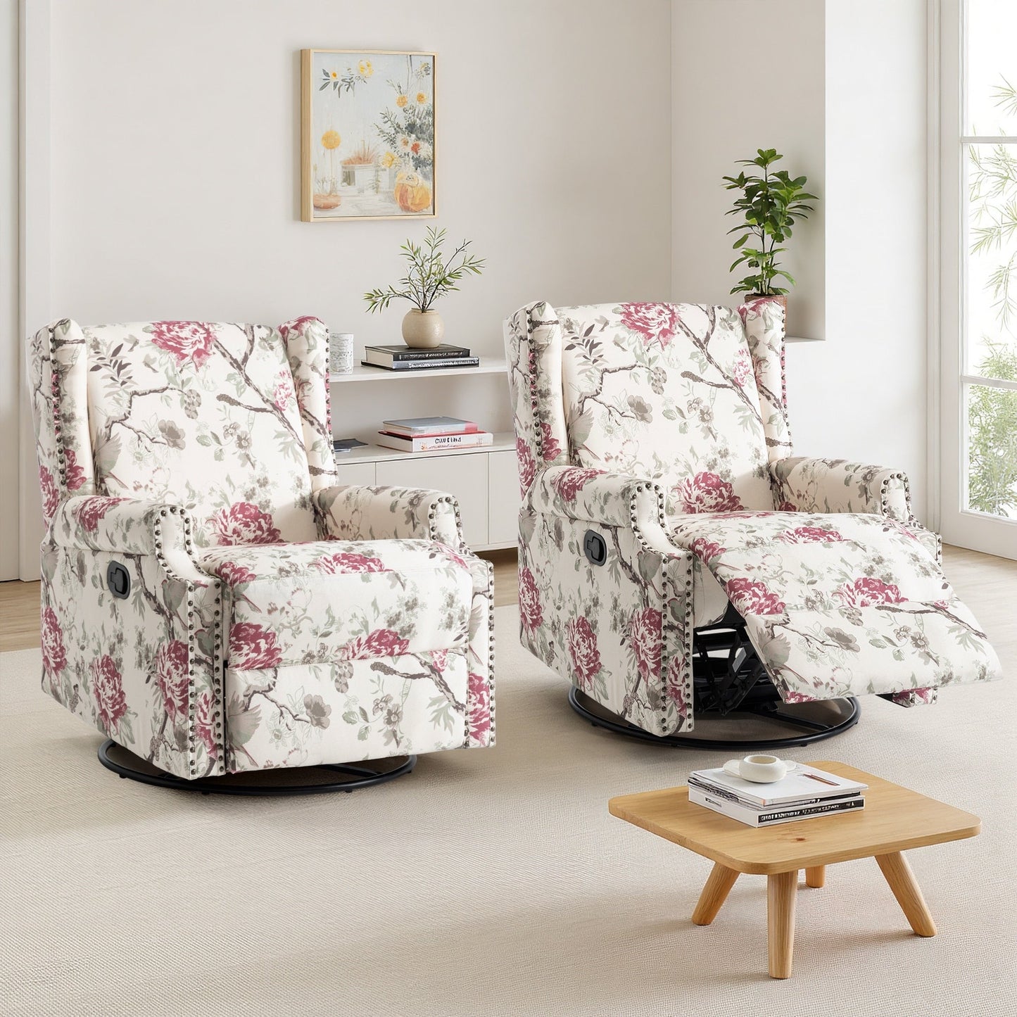 Lot de 2 chaises inclinables à bascule pivotantes à commande manuelle avec dossier inclinable, motif, 73,7 cm de largeur.