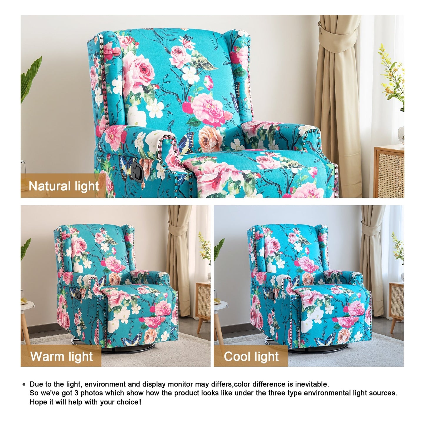 Lot de 2 chaises inclinables à bascule pivotantes à commande manuelle avec dossier inclinable, motif, 73,7 cm de largeur.