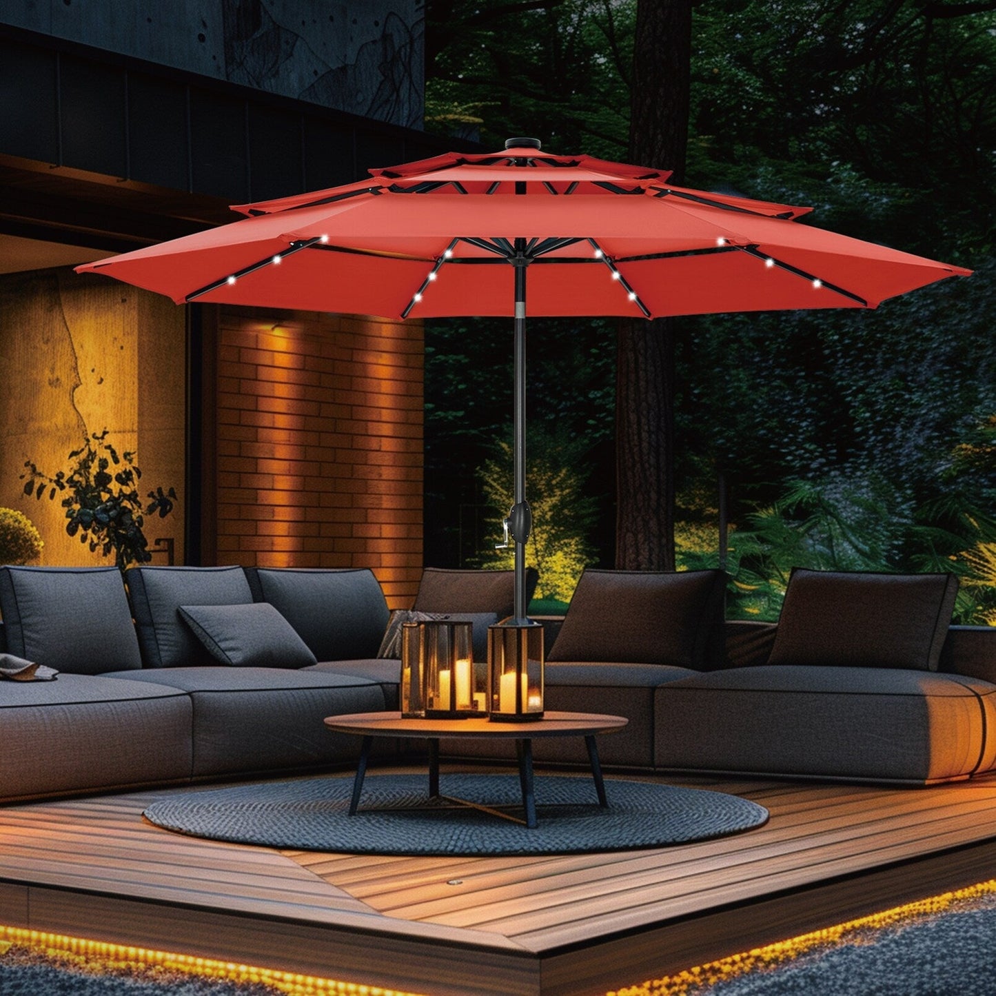 MAISON ARTS Parasol de jardin inclinable automatique à 3 niveaux de 3 mètres avec lumières LED et double ventilation