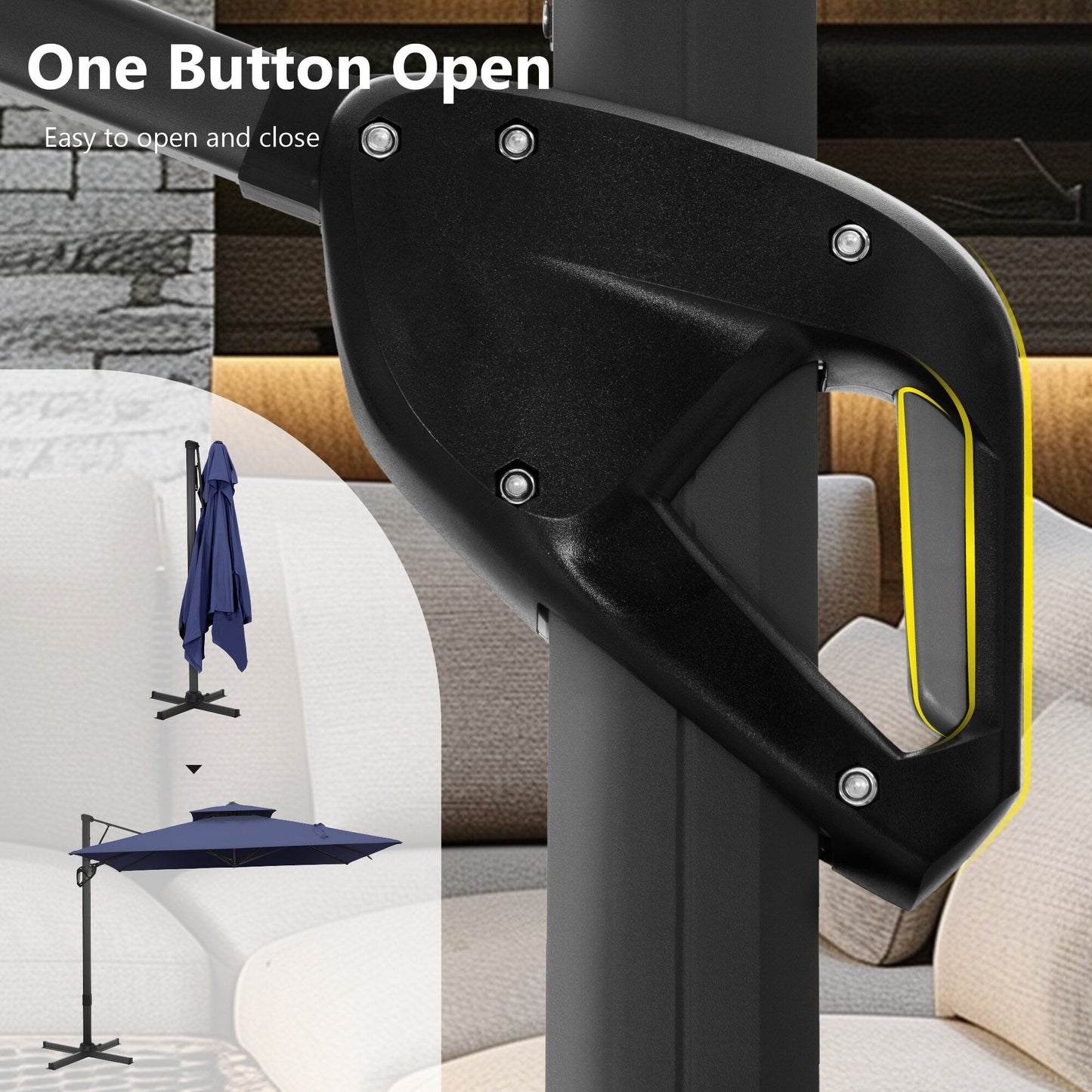 Parasol à bras articulé MAISON ARTS 12 FT, système hydraulique automatique, mât en aluminium, rotation à 360 degrés