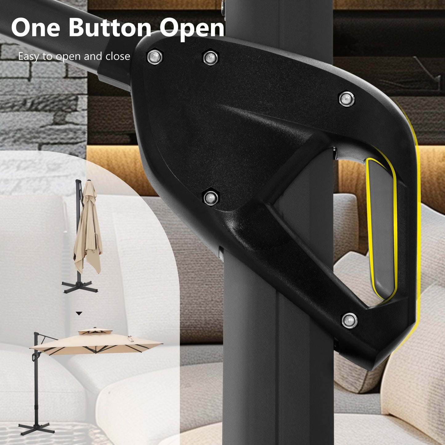 Parasol à bras articulé MAISON ARTS 12 FT, système hydraulique automatique, mât en aluminium, rotation à 360 degrés