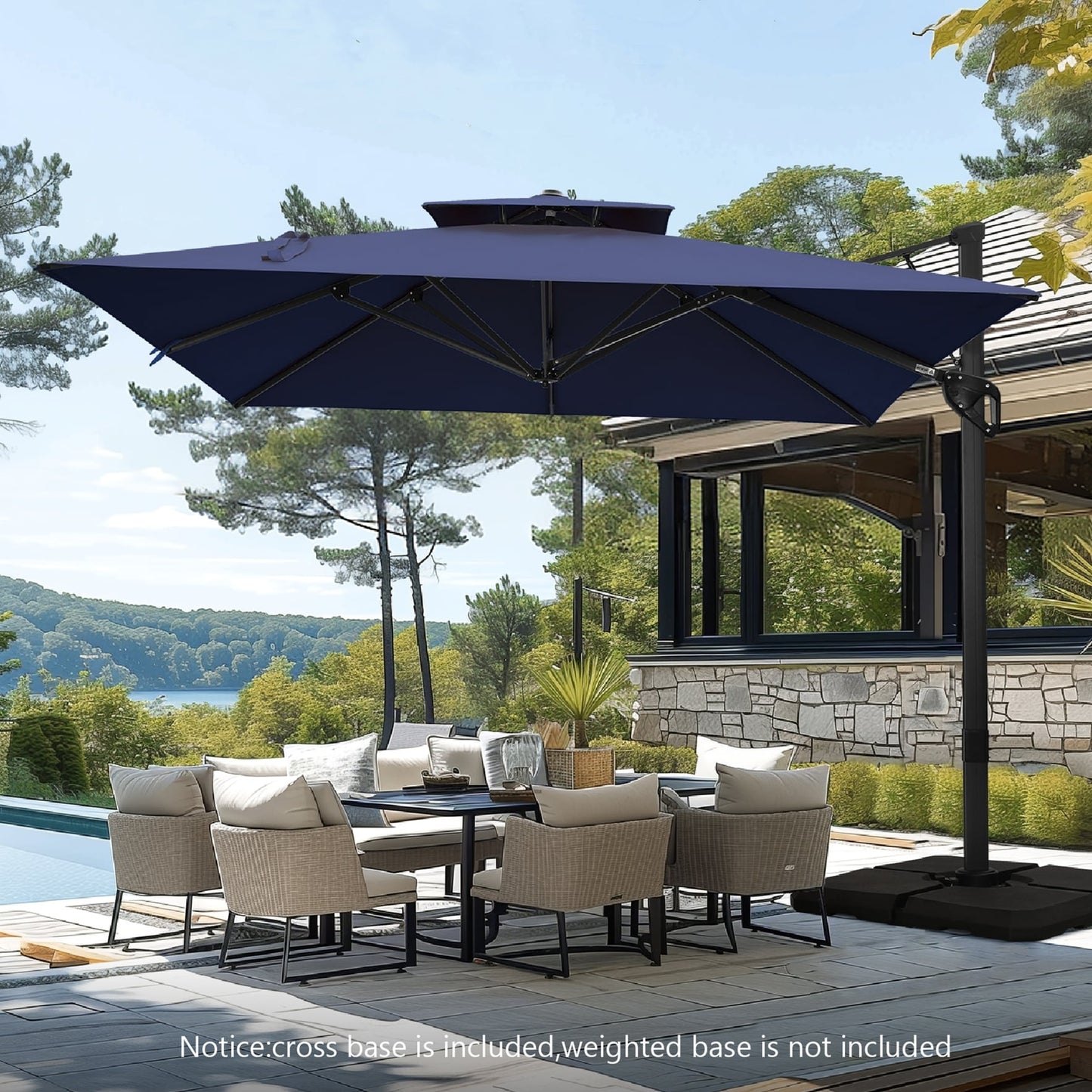 Parasol à bras articulé MAISON ARTS 12 FT, système hydraulique automatique, mât en aluminium, rotation à 360 degrés