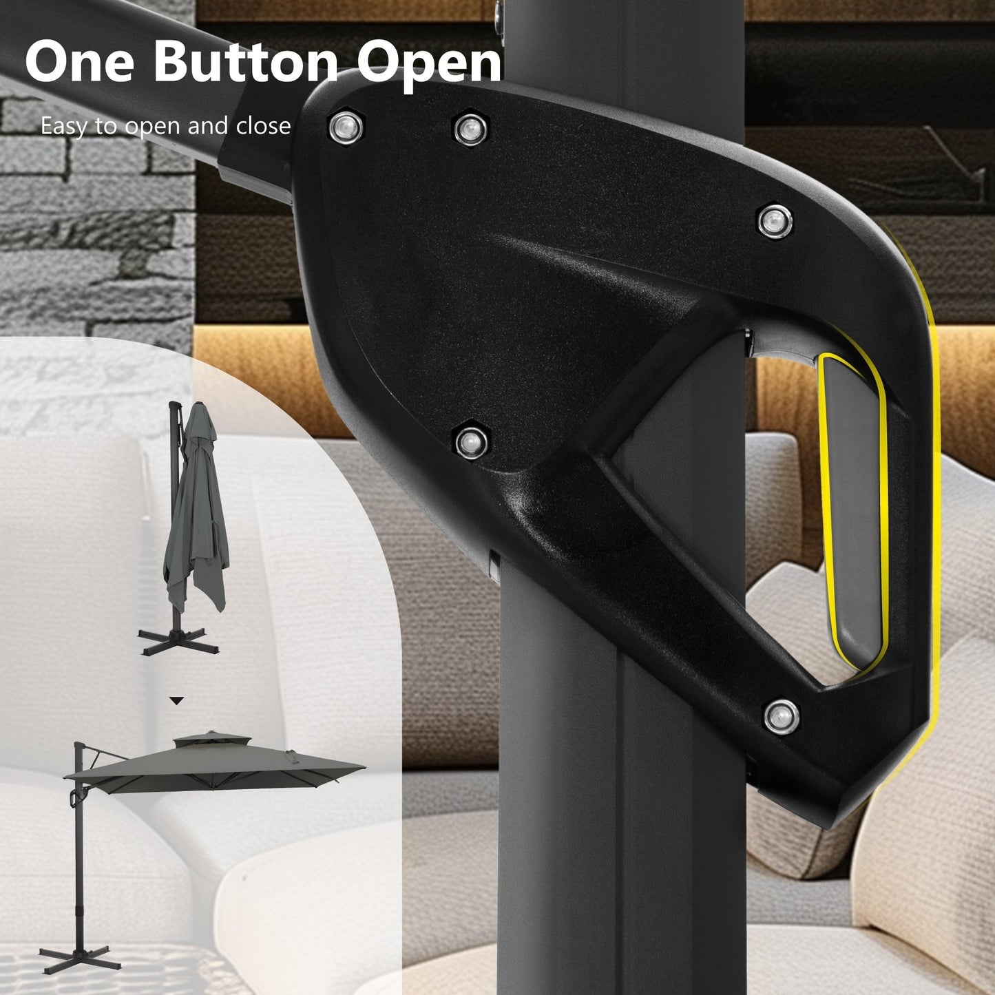 Parasol à bras articulé MAISON ARTS 12 FT, système hydraulique automatique, mât en aluminium, rotation à 360 degrés