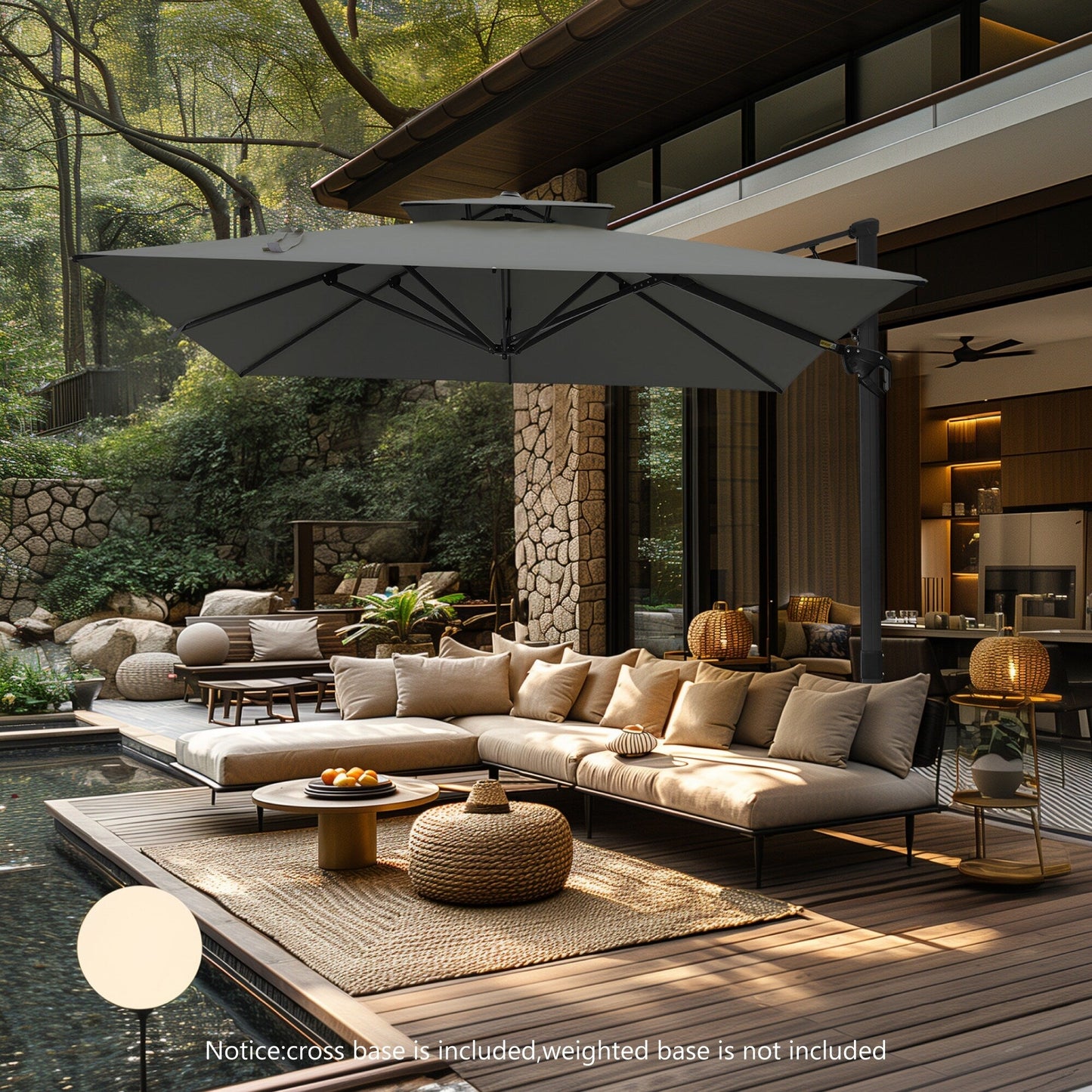 Parasol à bras articulé MAISON ARTS 12 FT, système hydraulique automatique, mât en aluminium, rotation à 360 degrés