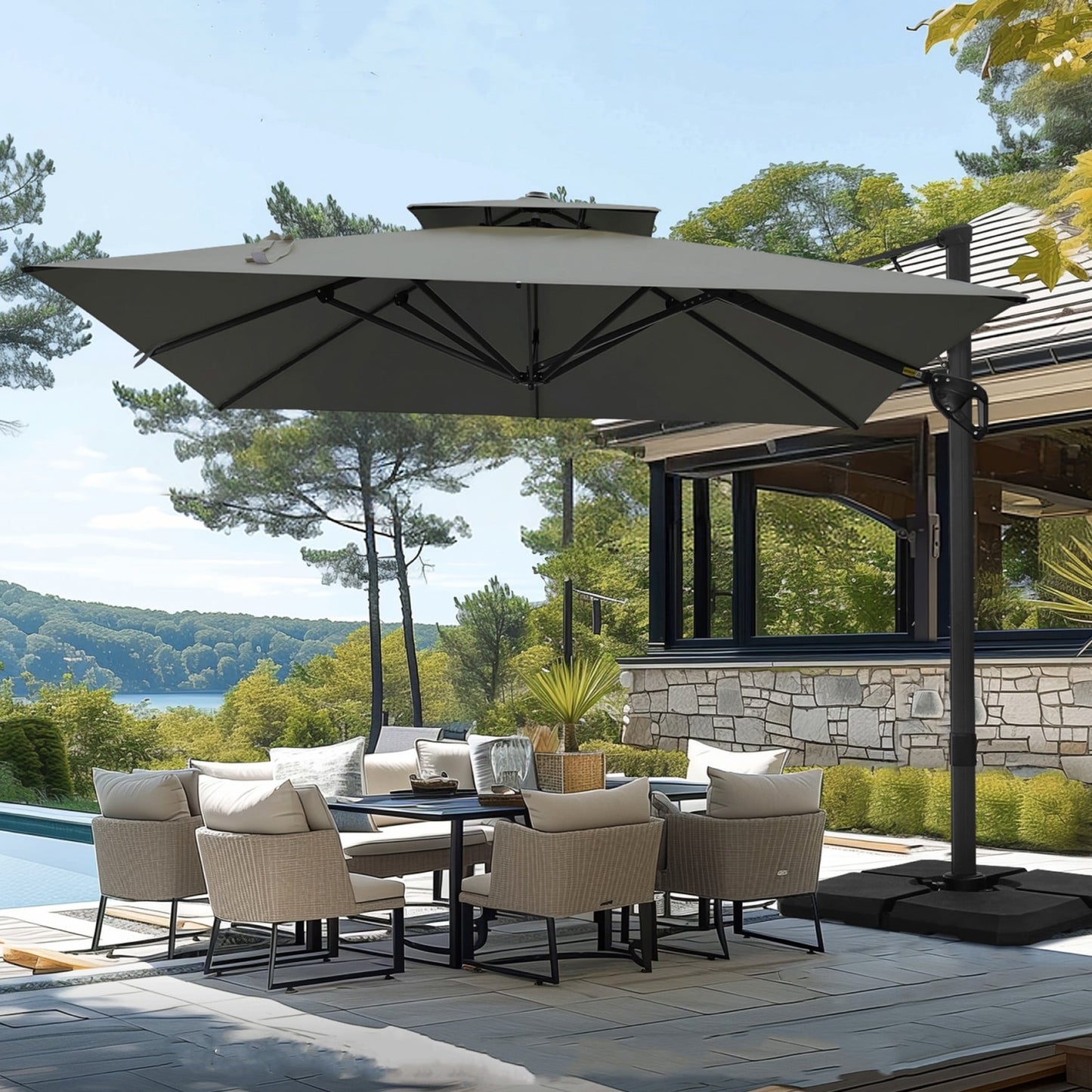 Parasol à bras articulé MAISON ARTS 12 FT, système hydraulique automatique, mât en aluminium, rotation à 360 degrés