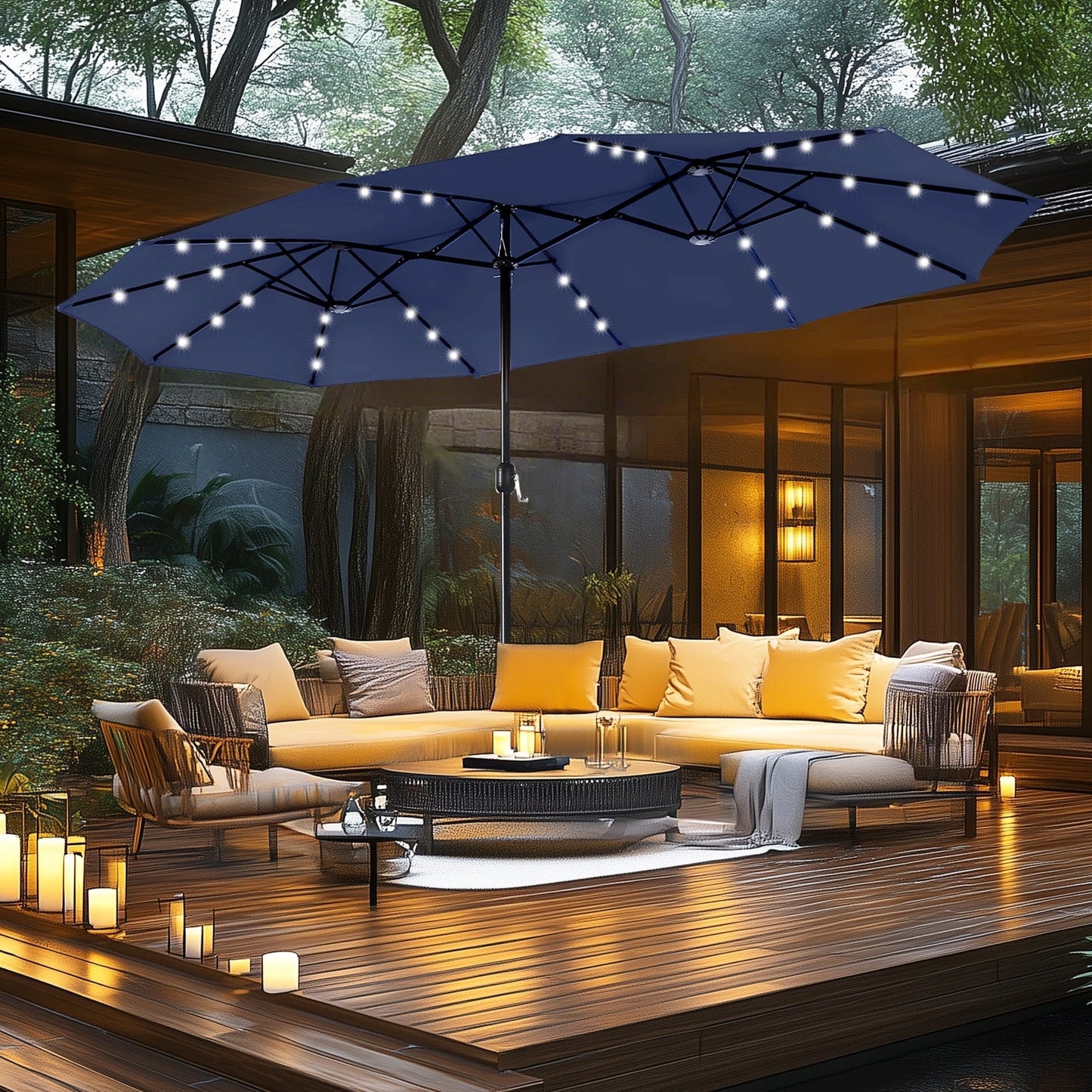 MAISON ARTS Parasol de jardin rectangulaire à manivelle de 4,5 mètres, double face, avec éclairage solaire à LED, pour terrasse, avec socle inclus.