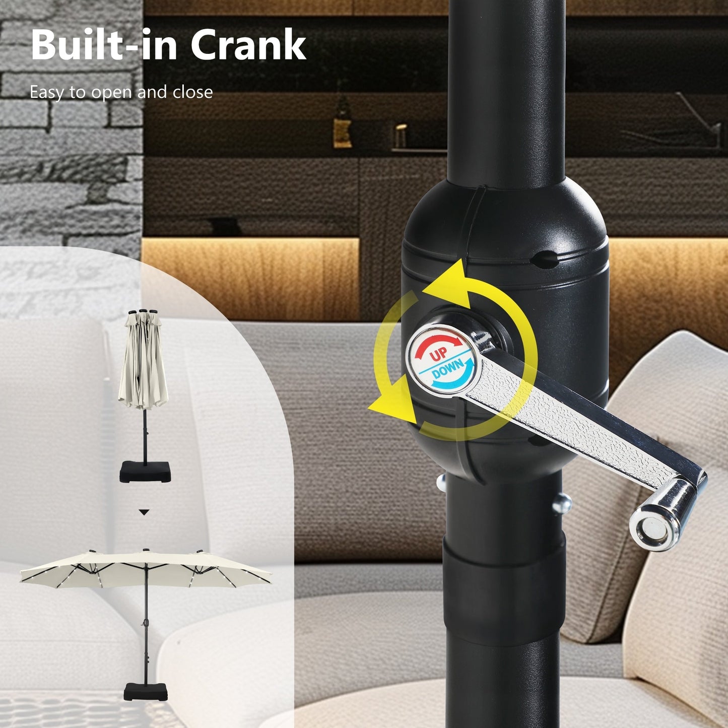 MAISON ARTS Parasol de jardin rectangulaire à manivelle de 4,5 mètres, double face, avec éclairage solaire à LED, pour terrasse, avec socle inclus.