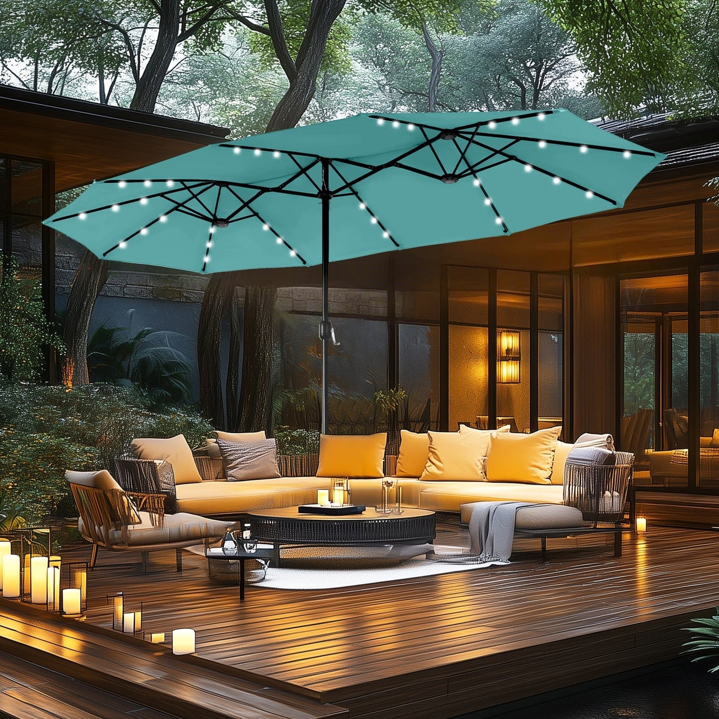 MAISON ARTS Parasol de jardin rectangulaire à manivelle de 4,5 mètres, double face, avec éclairage solaire à LED, pour terrasse, avec socle inclus.