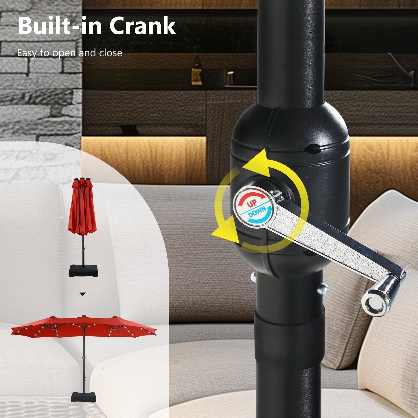 MAISON ARTS Parasol de jardin rectangulaire à manivelle de 4,5 mètres, double face, avec éclairage solaire à LED, pour terrasse, avec socle inclus.