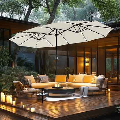 MAISON ARTS Parasol de jardin rectangulaire à manivelle de 4,5 mètres, double face, avec éclairage solaire à LED, pour terrasse, avec socle inclus.