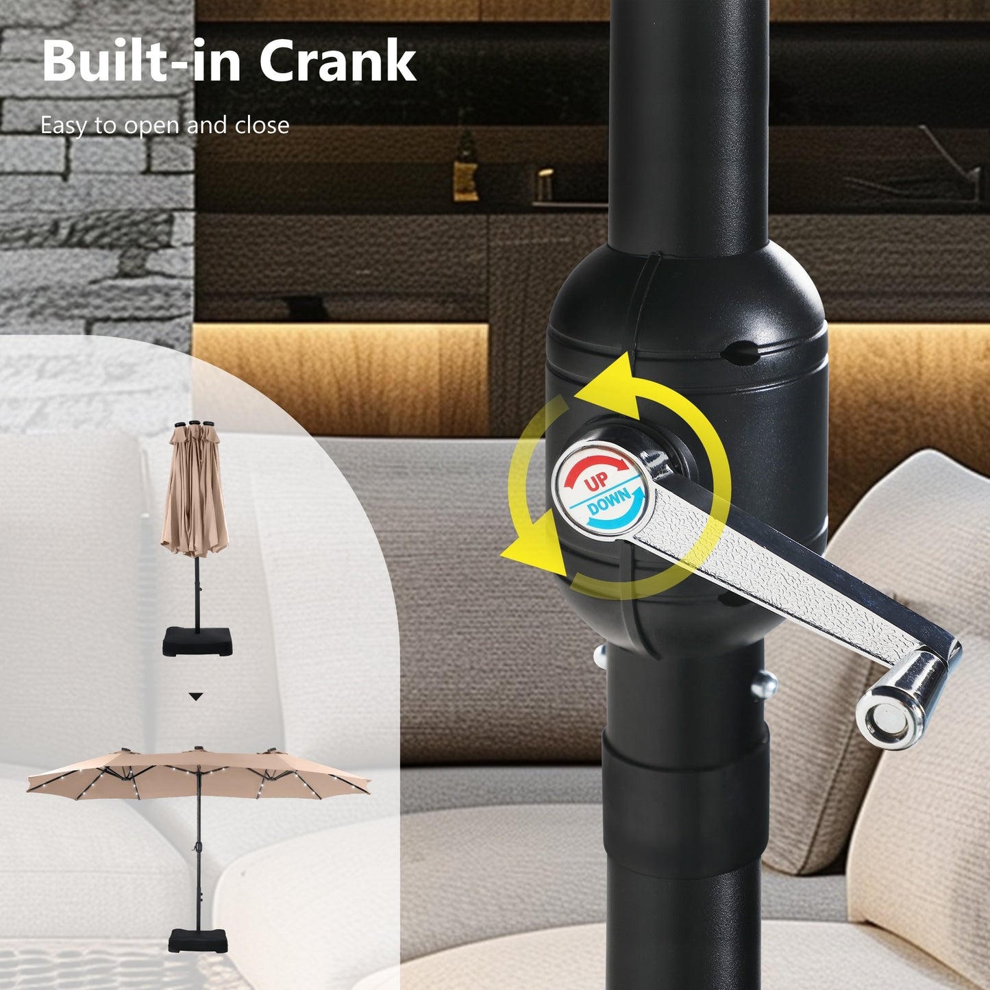 MAISON ARTS Parasol de jardin rectangulaire à manivelle de 4,5 mètres, double face, avec éclairage solaire à LED, pour terrasse, avec socle inclus.