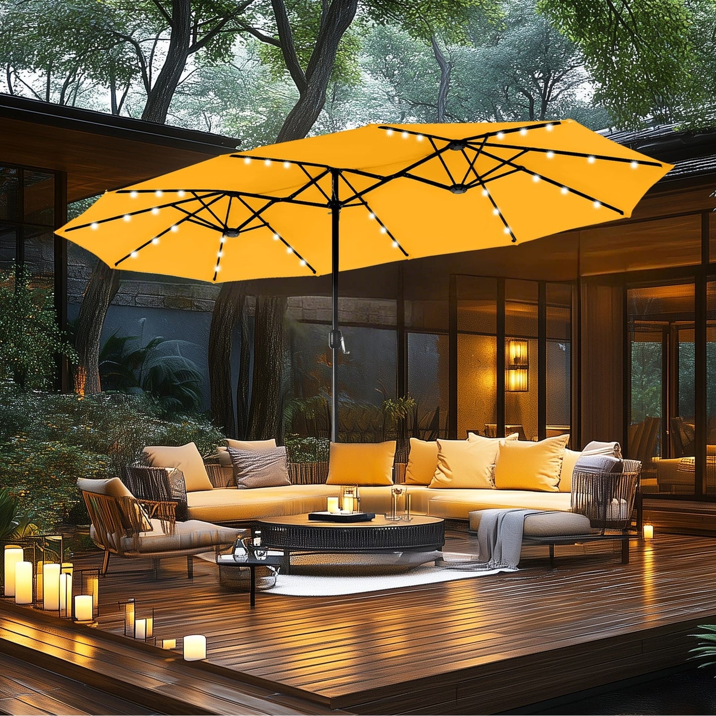 MAISON ARTS Parasol de jardin rectangulaire à manivelle de 4,5 mètres, double face, avec éclairage solaire à LED, pour terrasse, avec socle inclus.