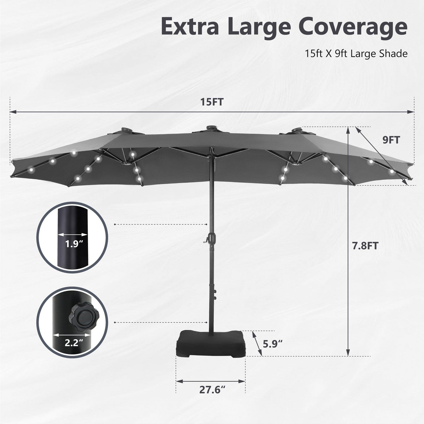 MAISON ARTS Parasol de jardin rectangulaire à manivelle de 4,5 mètres, double face, avec éclairage solaire à LED, pour terrasse, avec socle inclus.