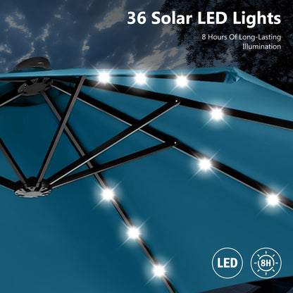MAISON ARTS Parasol de jardin rectangulaire à manivelle de 4,5 mètres, double face, avec éclairage solaire à LED, pour terrasse, avec socle inclus.