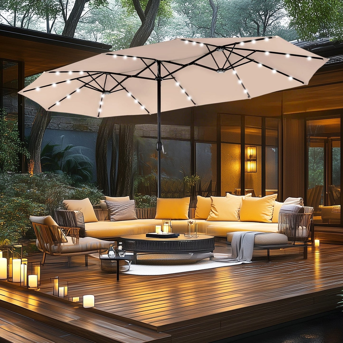 MAISON ARTS Parasol de jardin rectangulaire à manivelle de 4,5 mètres, double face, avec éclairage solaire à LED, pour terrasse, avec socle inclus.