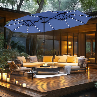 MAISON ARTS Parasol de jardin rectangulaire à manivelle de 4,5 mètres, double face, avec éclairage solaire à LED, pour terrasse, avec socle inclus.
