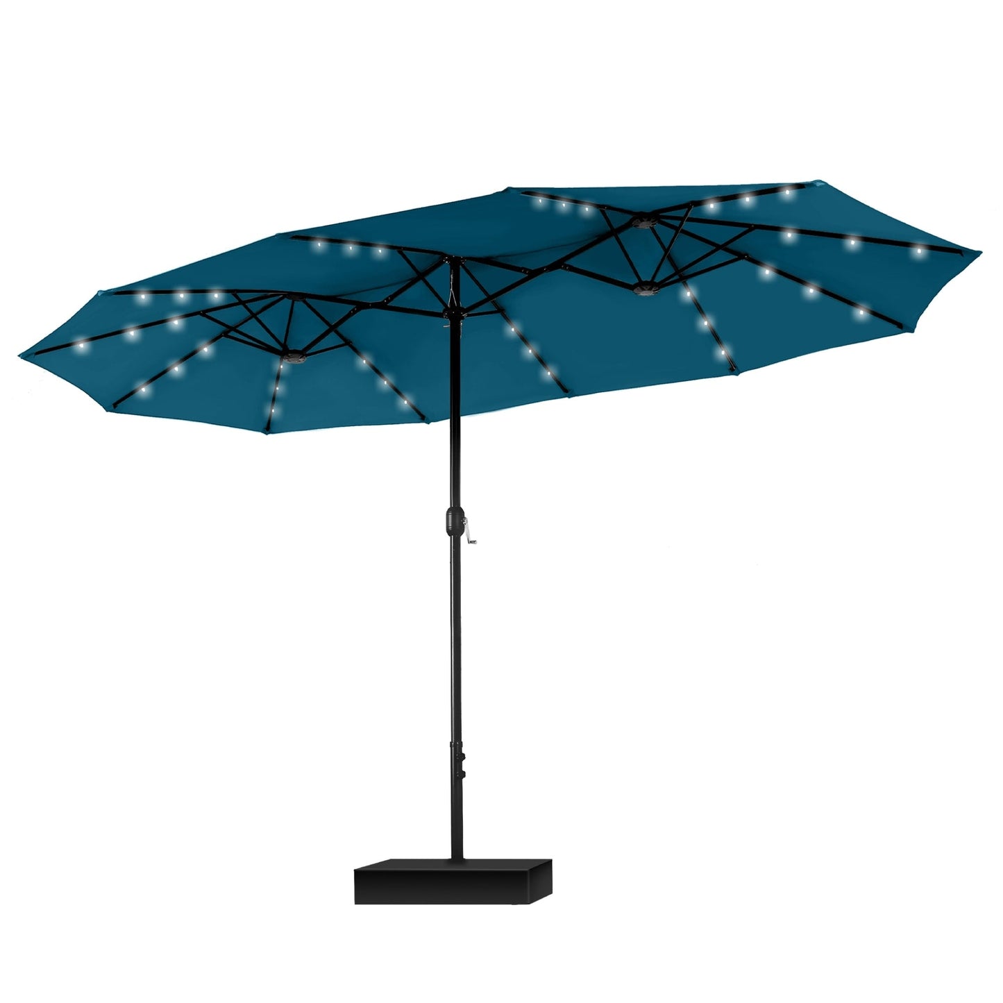MAISON ARTS Parasol de jardin rectangulaire à manivelle de 4,5 mètres, double face, avec éclairage solaire à LED, pour terrasse, avec socle inclus.