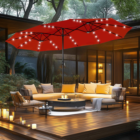 MAISON ARTS Parasol de jardin rectangulaire à manivelle de 4,5 mètres, double face, avec éclairage solaire à LED, pour terrasse, avec socle inclus.