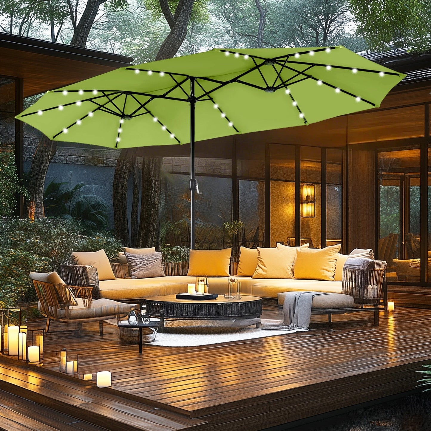 MAISON ARTS Parasol de jardin rectangulaire à manivelle de 4,5 mètres, double face, avec éclairage solaire à LED, pour terrasse, avec socle inclus.