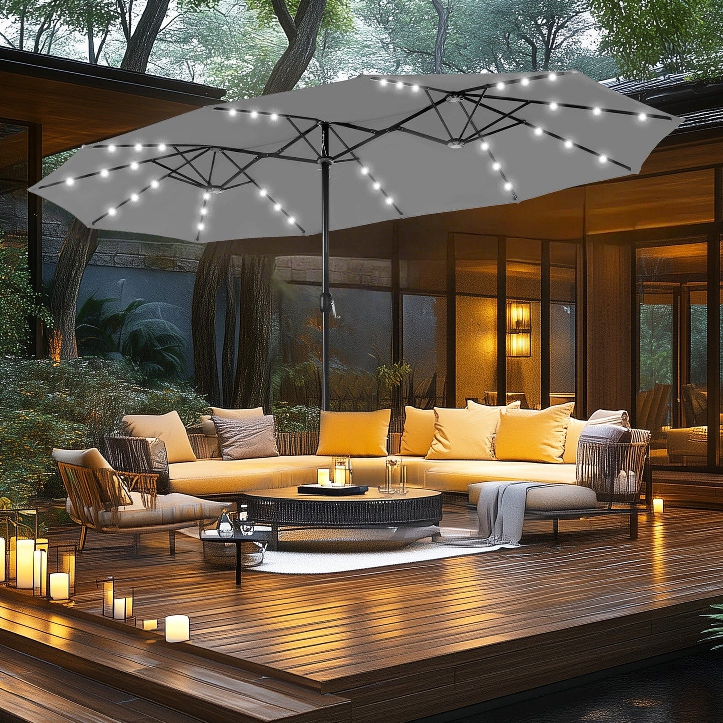 MAISON ARTS Parasol de jardin rectangulaire à manivelle de 4,5 mètres, double face, avec éclairage solaire à LED, pour terrasse, avec socle inclus.