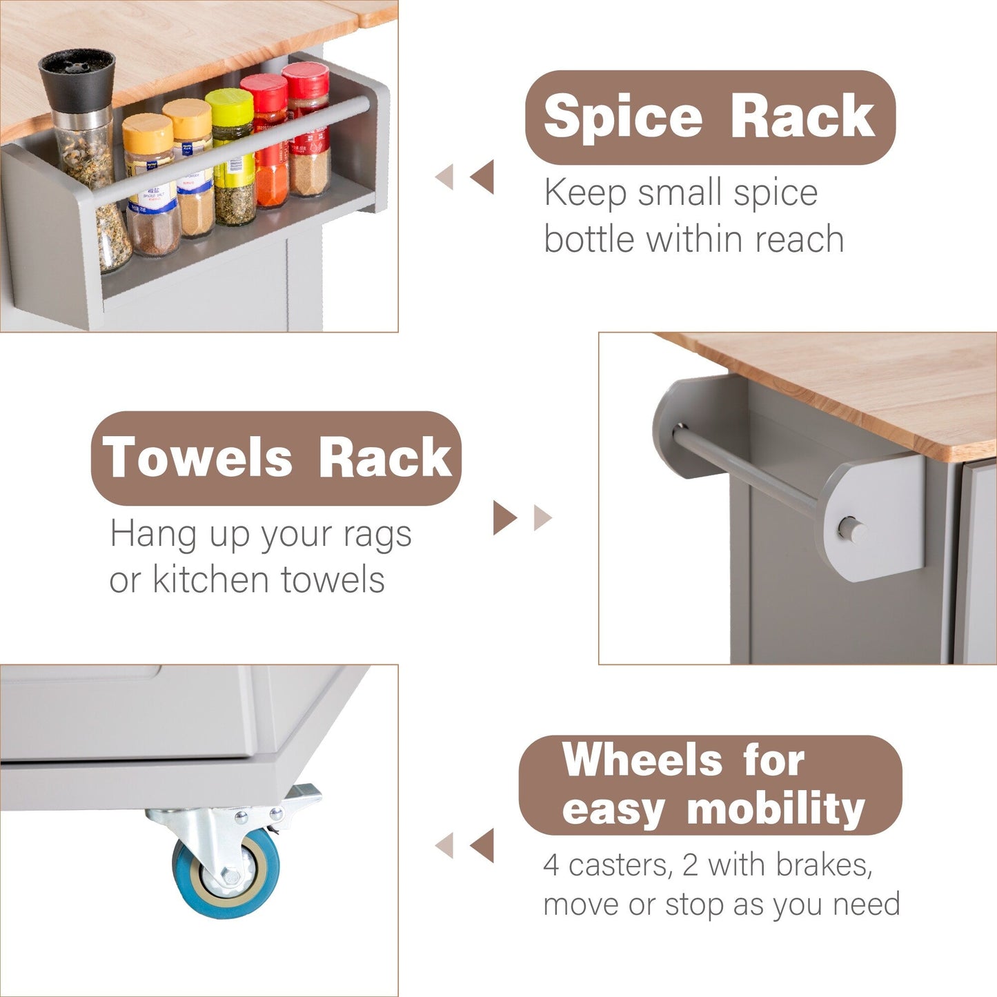Chariot d'îlot de cuisine Sophia &amp; William avec plateau rabattable et plateau en bois de caoutchouc, chariot de cuisine roulant avec grand placard de rangement