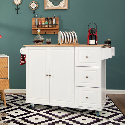 Chariot d'îlot de cuisine Sophia &amp; William avec plateau rabattable et plateau en bois de caoutchouc, chariot de cuisine roulant avec grand placard de rangement