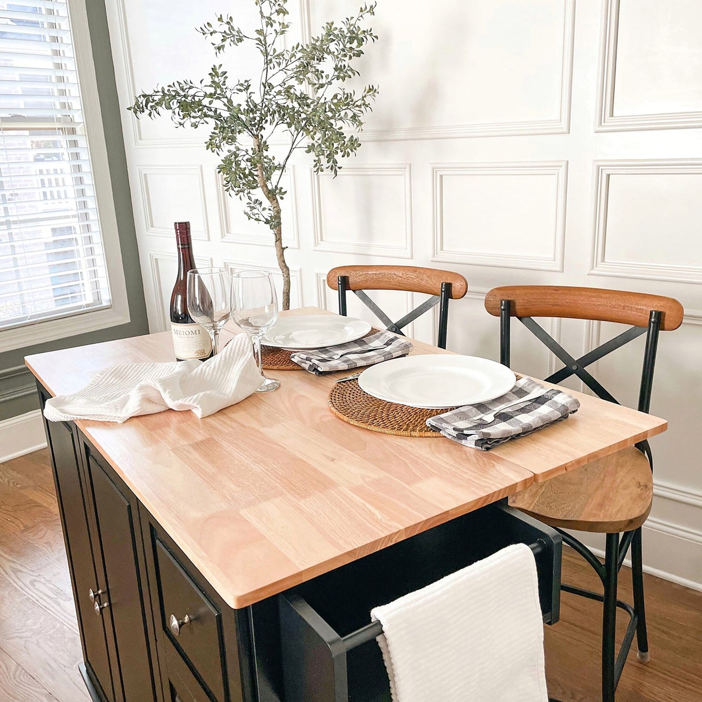 Chariot d'îlot de cuisine Sophia &amp; William avec plateau rabattable et plateau en bois de caoutchouc, chariot de cuisine roulant avec grand placard de rangement