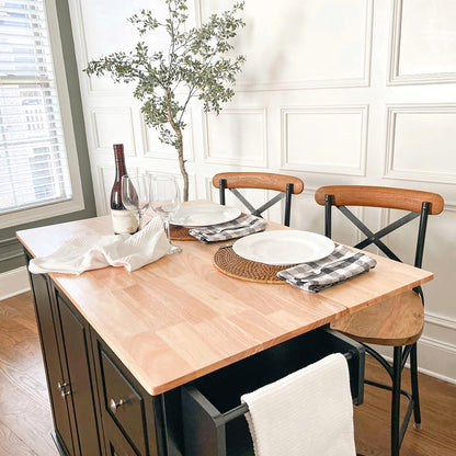 Chariot d'îlot de cuisine Sophia &amp; William avec plateau rabattable et plateau en bois de caoutchouc, chariot de cuisine roulant avec grand placard de rangement