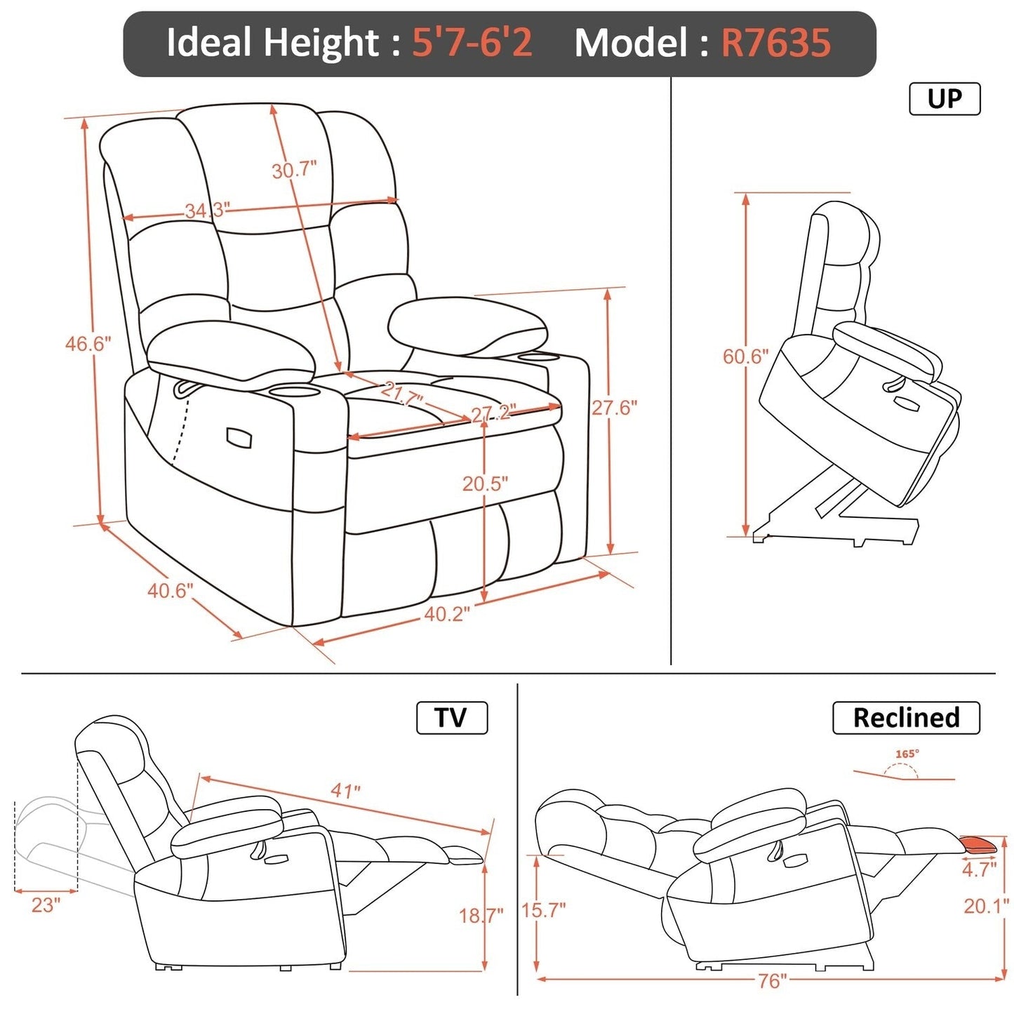 MCombo Fauteuil inclinable électrique à double moteur, large et spacieux, avec massage et double chauffage, pour personnes âgées de grande taille, tissu R7635