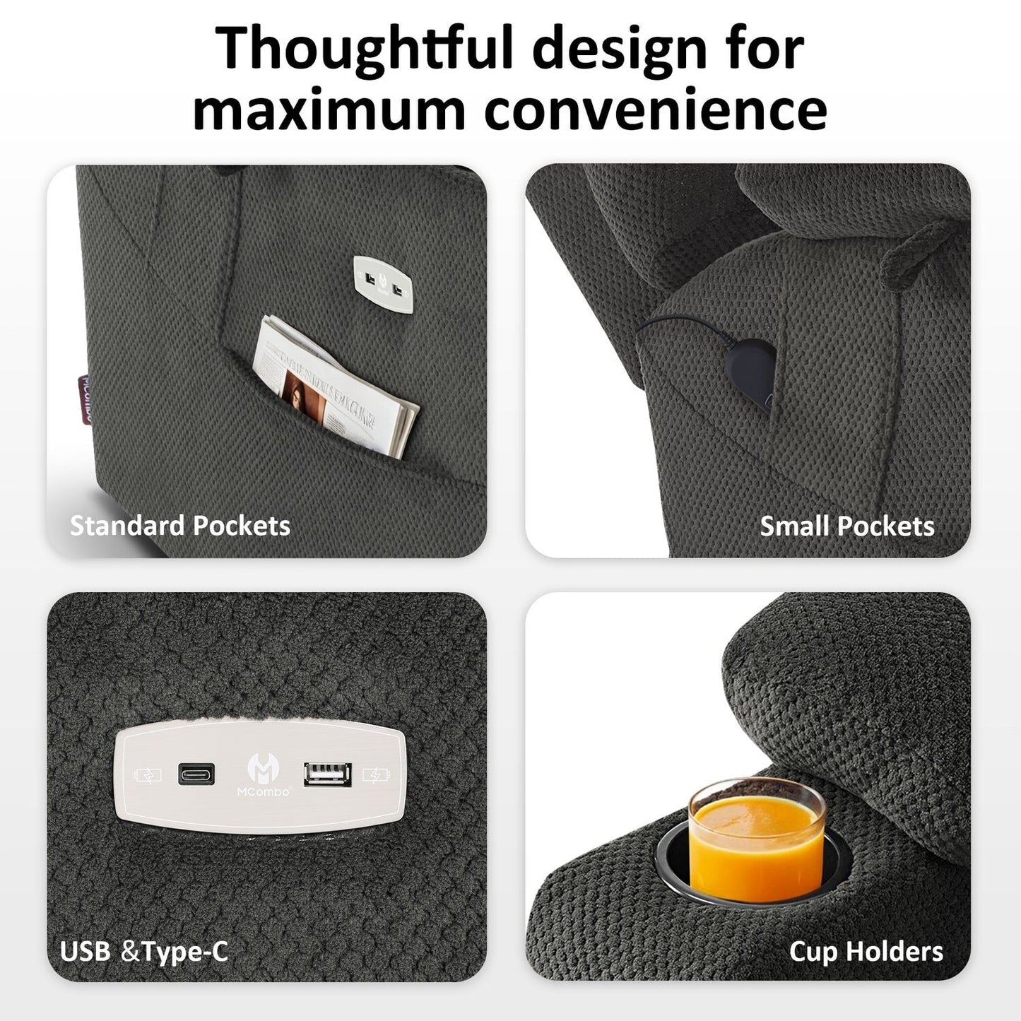 MCombo Fauteuil inclinable électrique à double moteur, large et spacieux, avec massage et double chauffage, pour personnes âgées de grande taille, tissu R7635