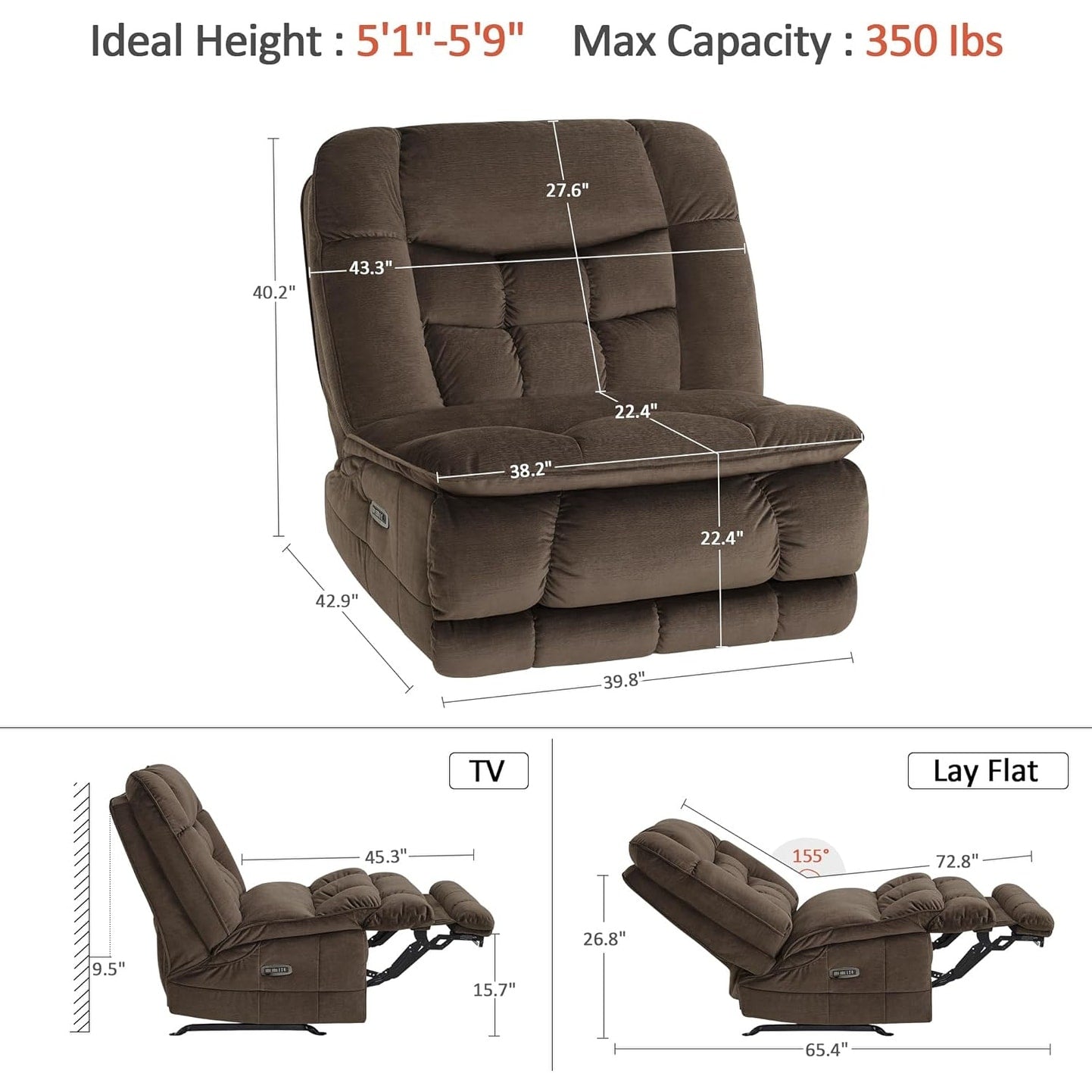 Fauteuil inclinable électrique à double moteur sans accoudoirs MCombo, modèle PR607, avec fonction basculante, idéal pour le salon, en tissu.