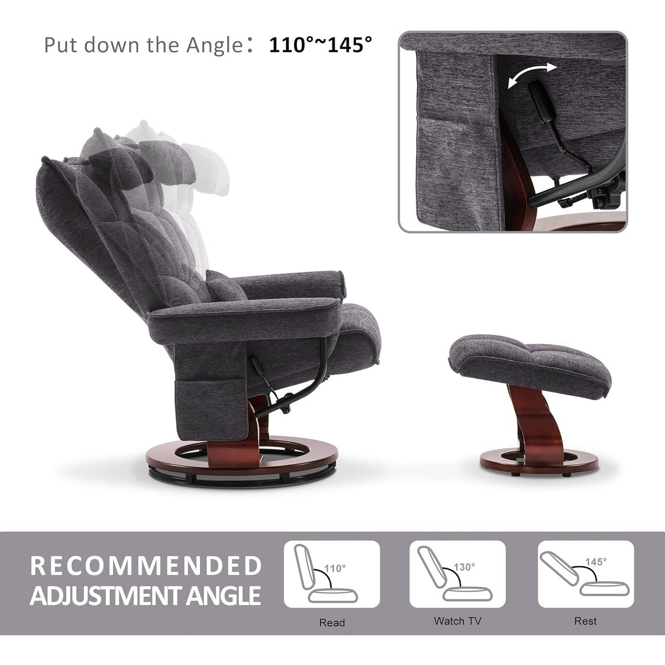 MCombo Ensemble de 2 fauteuils inclinables pivotants avec repose-pieds et coussin cervical, tissu chenille