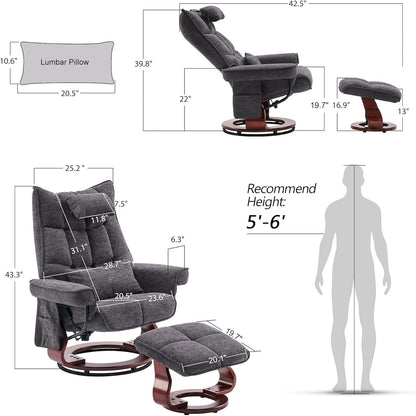 MCombo Ensemble de 2 fauteuils inclinables pivotants avec repose-pieds et coussin cervical, tissu chenille