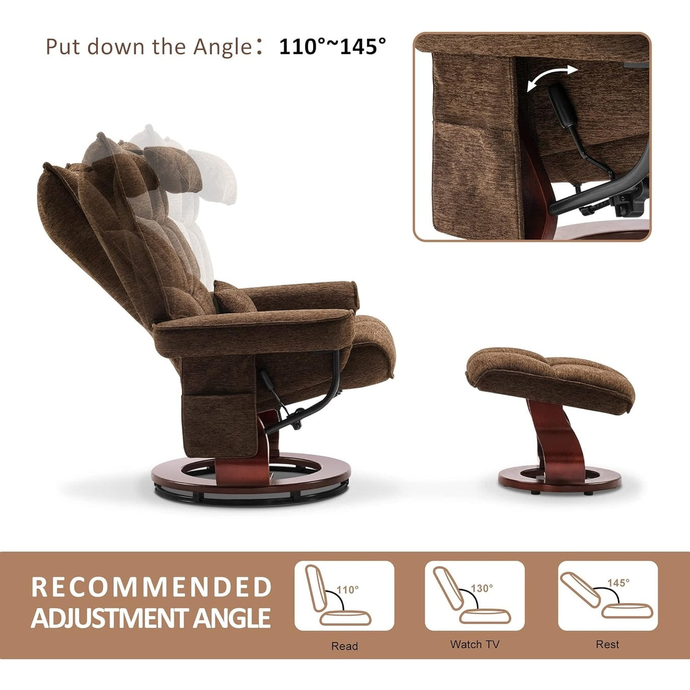 MCombo Ensemble de 2 fauteuils inclinables pivotants avec repose-pieds et coussin cervical, tissu chenille