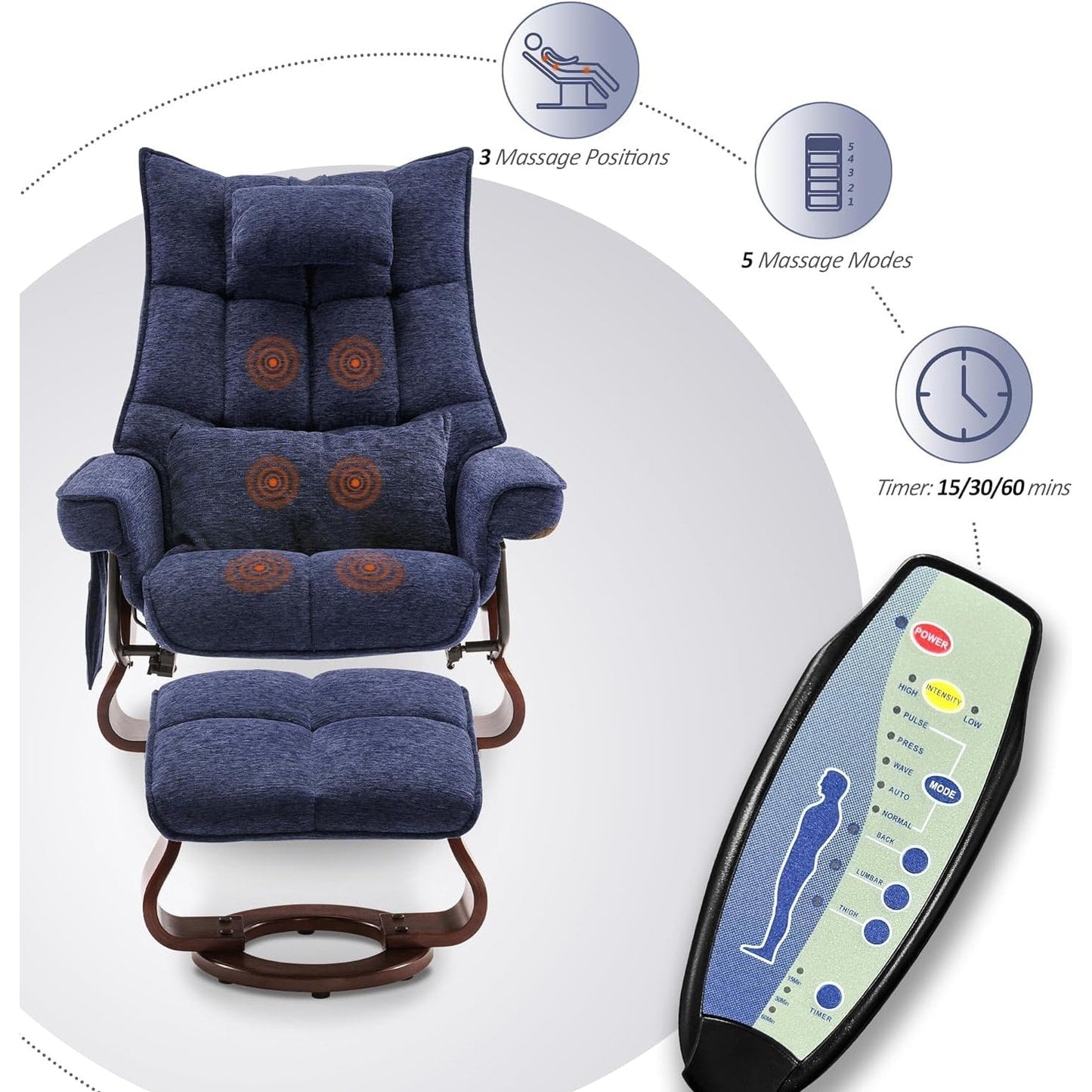 MCombo Ensemble de 2 fauteuils inclinables pivotants avec repose-pieds et coussin cervical, tissu chenille