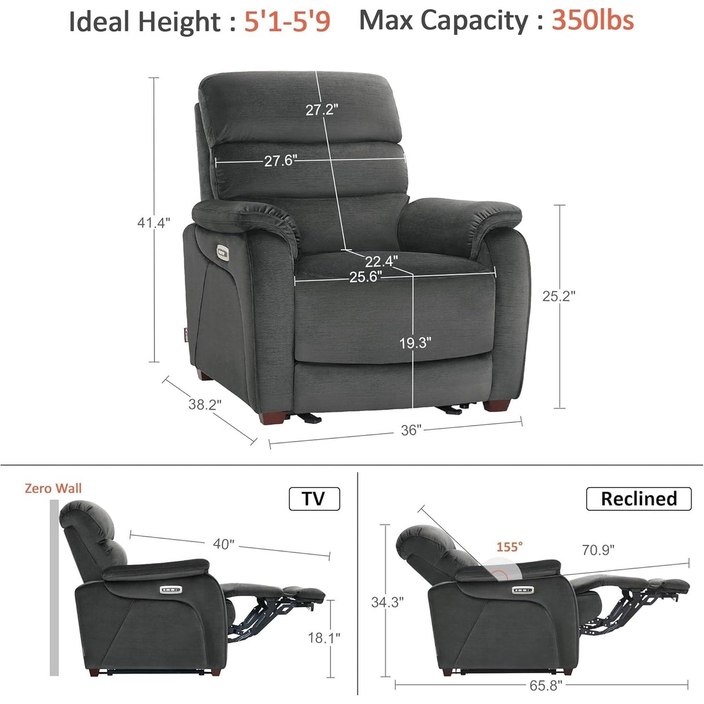 MCombo Zero Fauteuil inclinable électrique à dossier basculant avec appuie-tête réglable, parfait pour les petits espaces et les véhicules de loisirs, tissu ST257