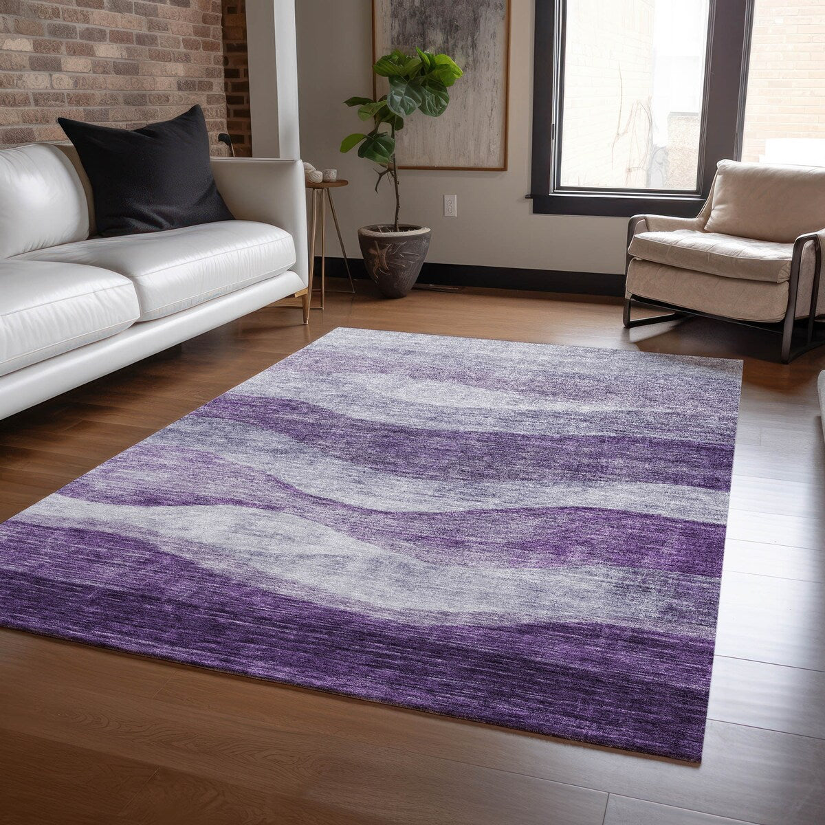 Machine Washable Indoor/ Outdoor Contemporary Waves Chantille Rug