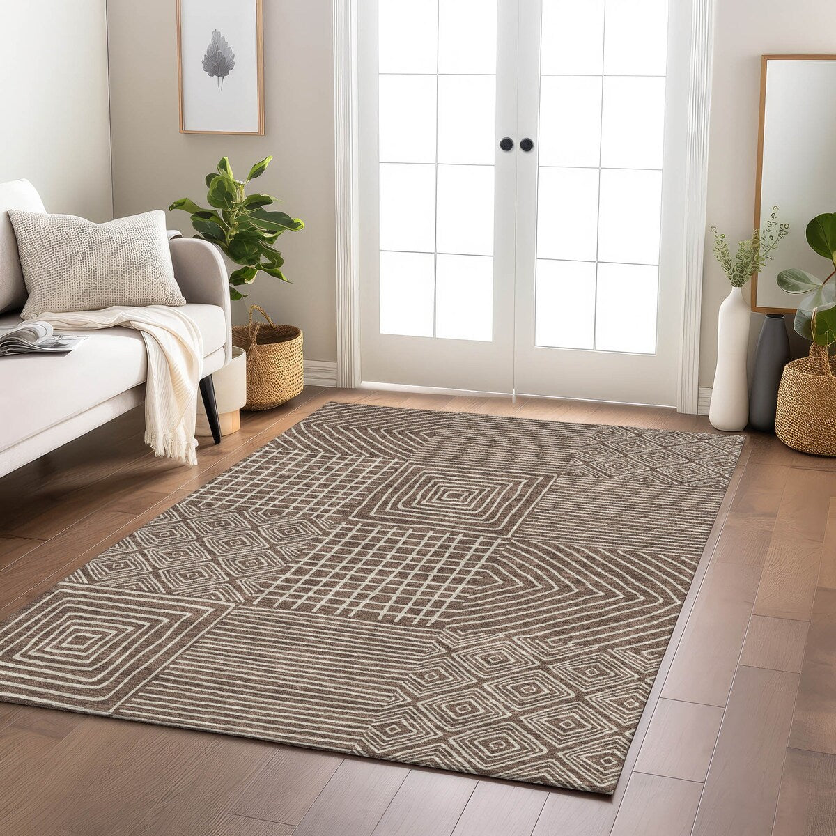 Machine Washable Indoor/ Outdoor Modern Mosaic Chantille Rug